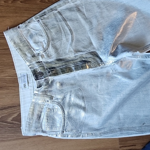 Zara Metallic Silver Foil Jean Ultra High Waist Straight Wide A Blogger Fav! - Picture 7 of 16